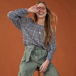 NEW Anthropologie Pilcro Plaid Shari Smocked Cotton Blouse